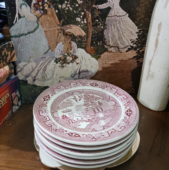 6 Walker China Red ๐ฅ5" Plates White with ๐Red Oriental Scenes,๐USA made.๐๐ฑ - Picture 6 of 14